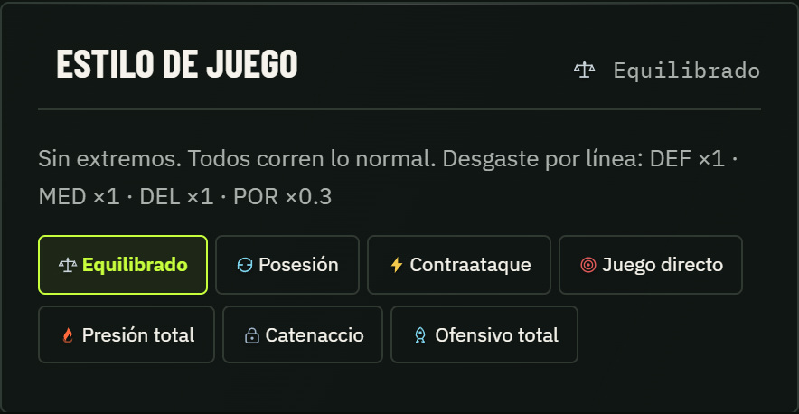 Captura actual del juego: Táctica → Más opciones de táctica → Estilo de juego: elige el planteamiento y revisa su desgaste por línea.