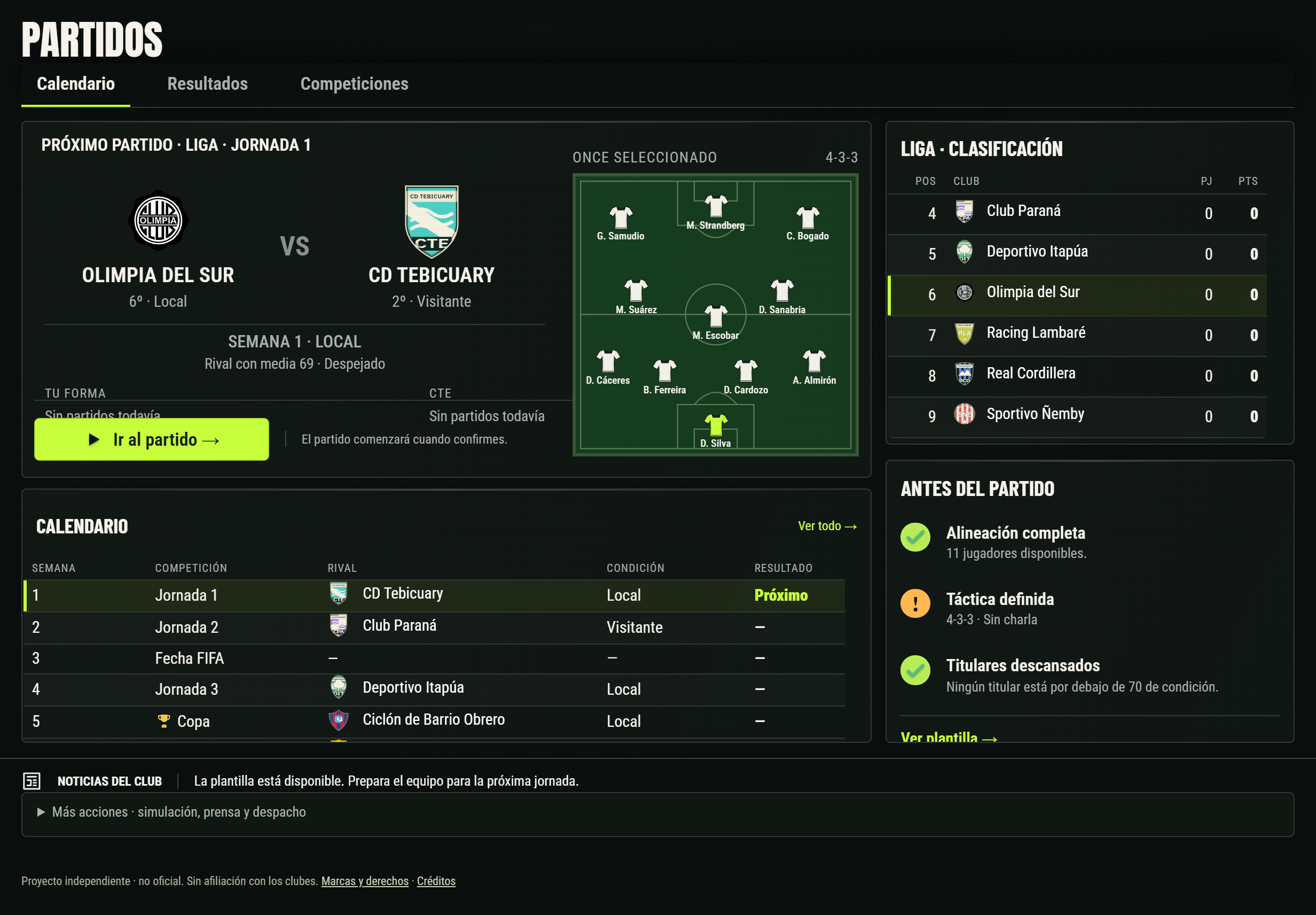 Centro de partidos con el próximo rival, clasificación y calendario