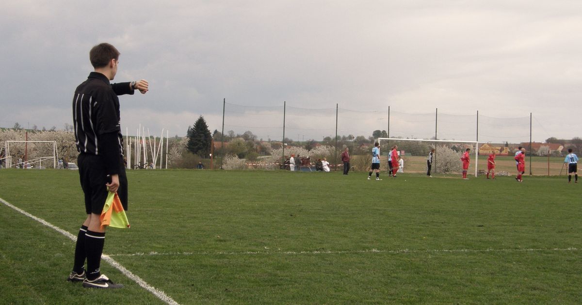 Juez de línea con su banderín en el borde de una cancha